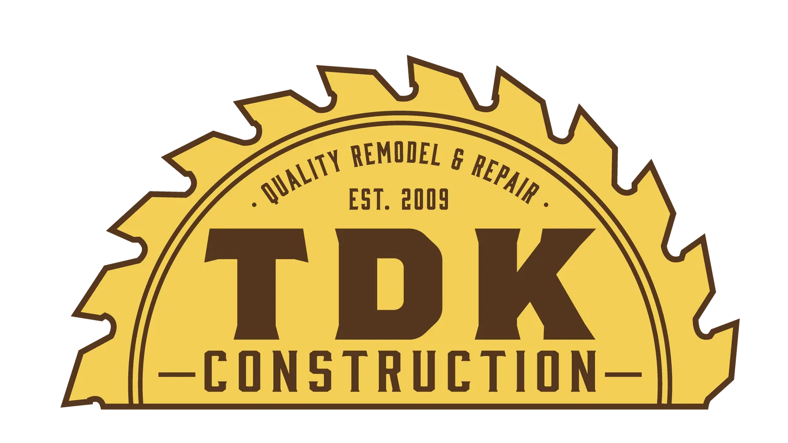 A yellow, semi-circular saw blade logo for TDK Construction, featuring the text