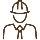 Brown outline icon of a person wearing a hard hat and a collared shirt with a tie.